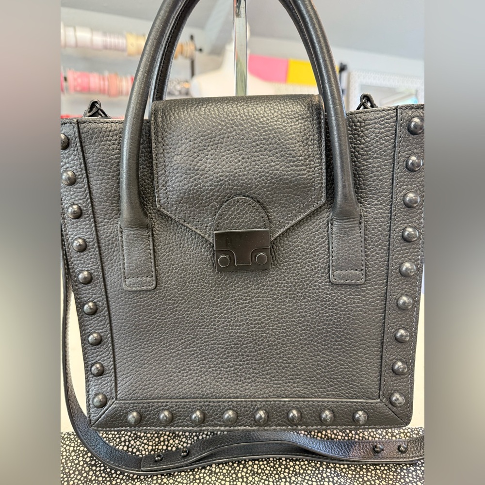 LOEFFLER RANDALL Studded Black Leather Small Tote Bag Handbag Shoulder Strap - Picture 3 of 10